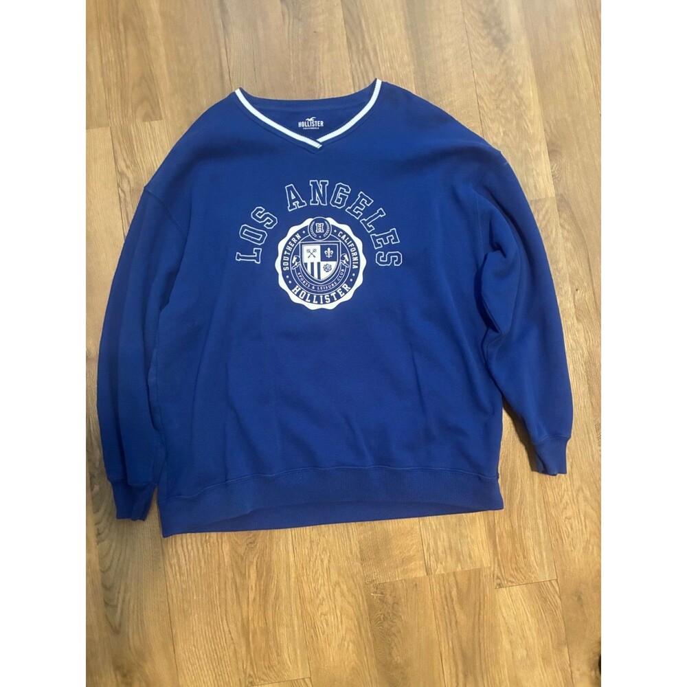 Hollister Los Angeles Sweatshirt Mens Large Royal Blue V-Neck Graphic Pullover